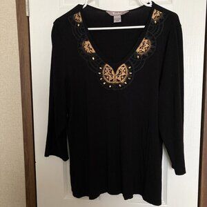 TanJay Women's Black Top / Gold Tone Embroidery & Beaded Embellishments Size M/M